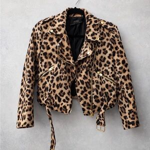 Zara Leopard Print Leather Jacket with Gold Details